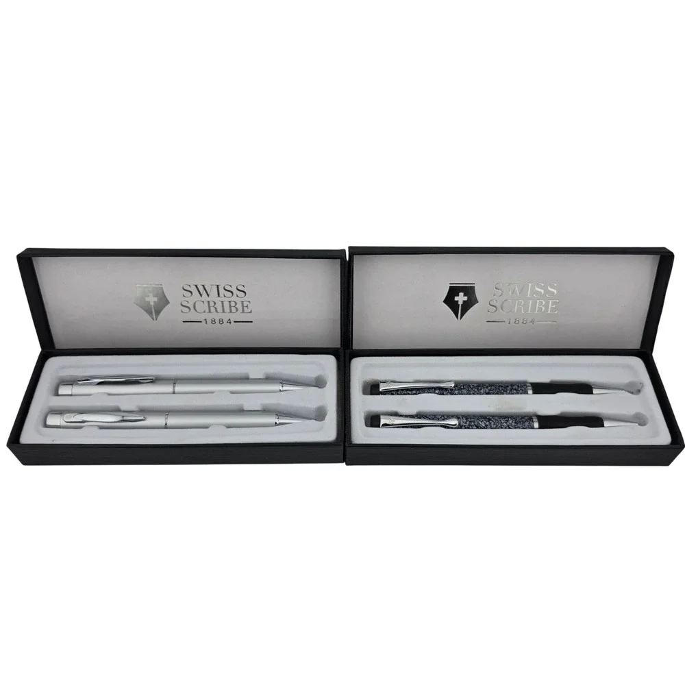Swiss Scribe Ballpoint Pen Pencil Set of 2 2-Pack Gift Boxed Granite GOOD Desk